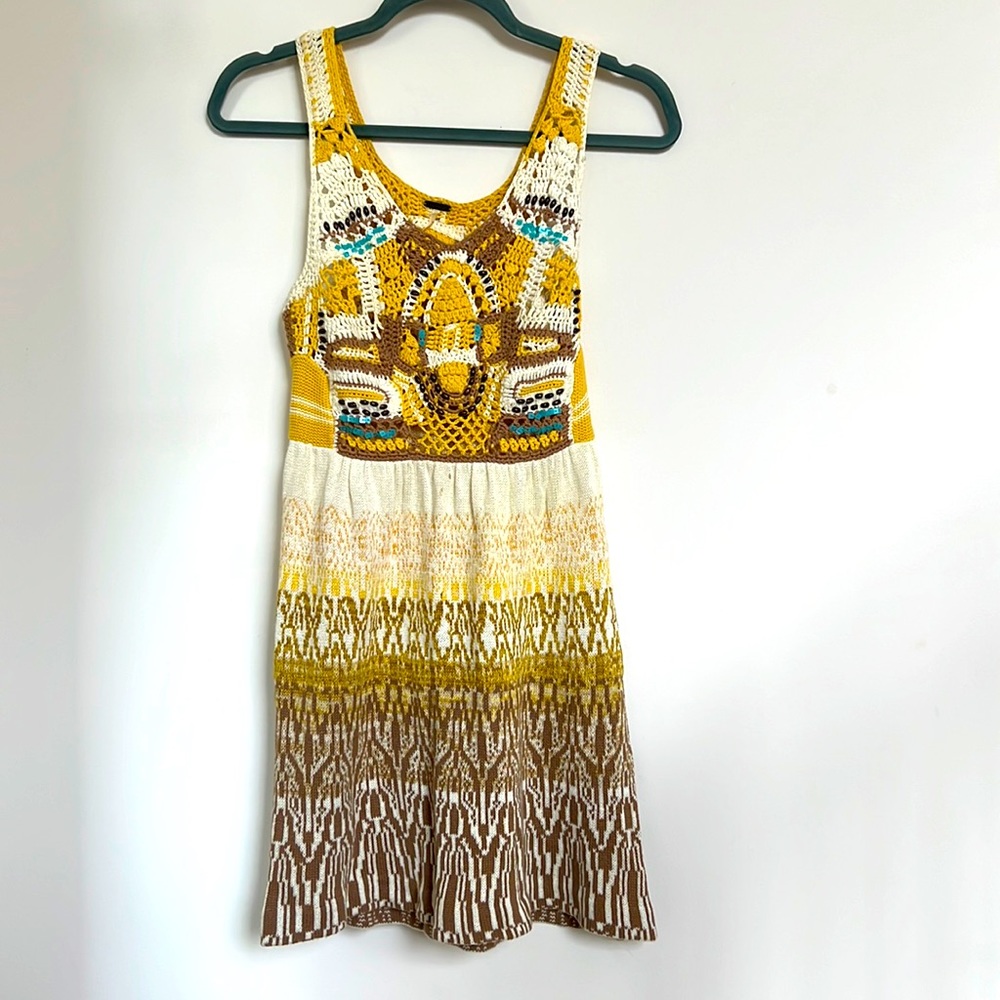 Mustard turquoise beaded crocheted mini dress